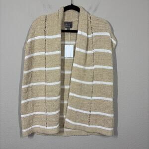 Leo & Sage Small Open Front Sleeveless Cardigan Tan White Stripe Cotton Blend